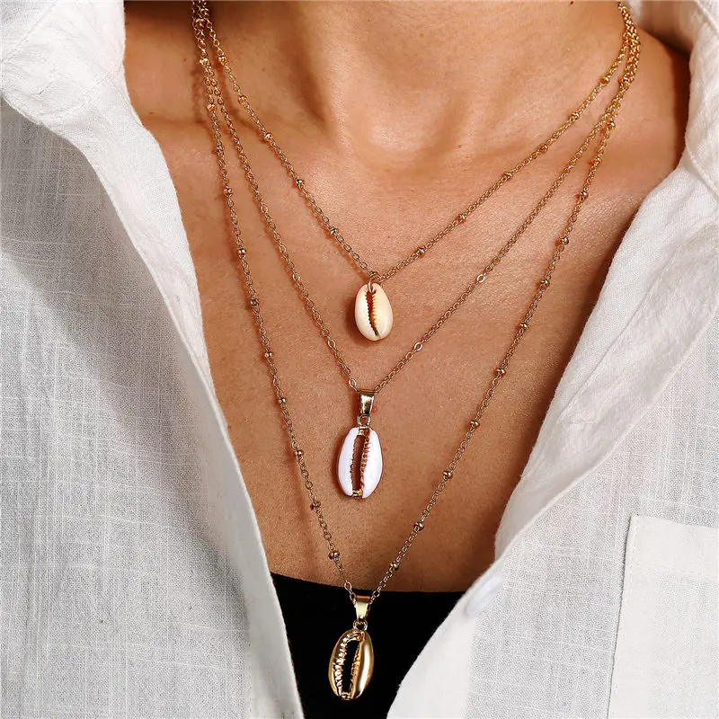

Fashion Three Layers of Shell Pendant Necklace Natural Shell Gold for Women Best Friend Seashell Necklace Bohemian Jewelry Gift