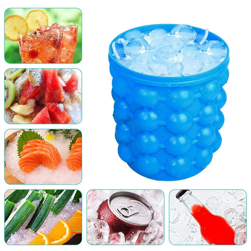 

BOAZ Large Silicone Ice Bucket & Ice Mold with lid,(2 in 1) Space Saving Ice Cube Maker,Portable Silicon Ice Cube Maker (Blue)