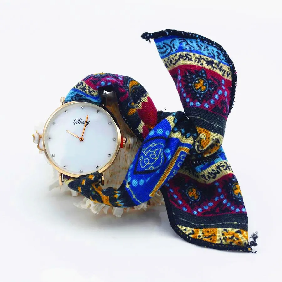Shsby бренд стиль дамы цветок ткань наручные часы Женское платье часы Мода Девушка повседневные кварцевые часы браслет тканевые часы - Цвет: Gold red stripe