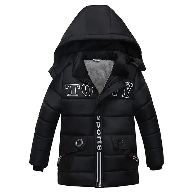 KEAIYOUHUO/Новинка г.; зимние пальто для мальчиков; куртки с капюшоном и длинными рукавами для мальчиков; одежда из хлопка с надписью; одежда для детей; детская верхняя одежда - Цвет: Черный