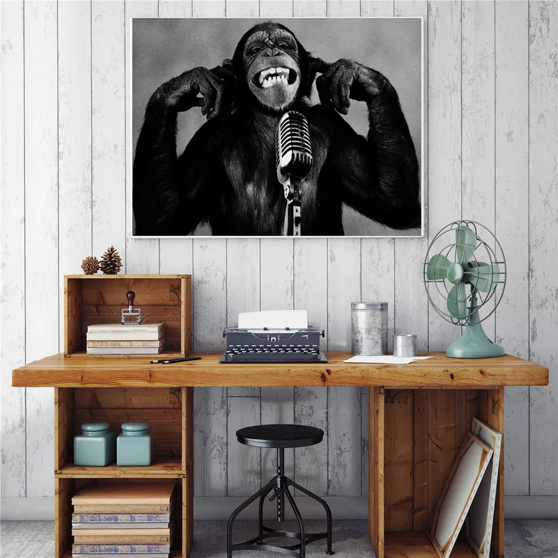 

Humor Animal Monkey Singing Canvas Print Abstract Painting Black White Monkey Wall Pictures for Living Room Home Poster Vintage