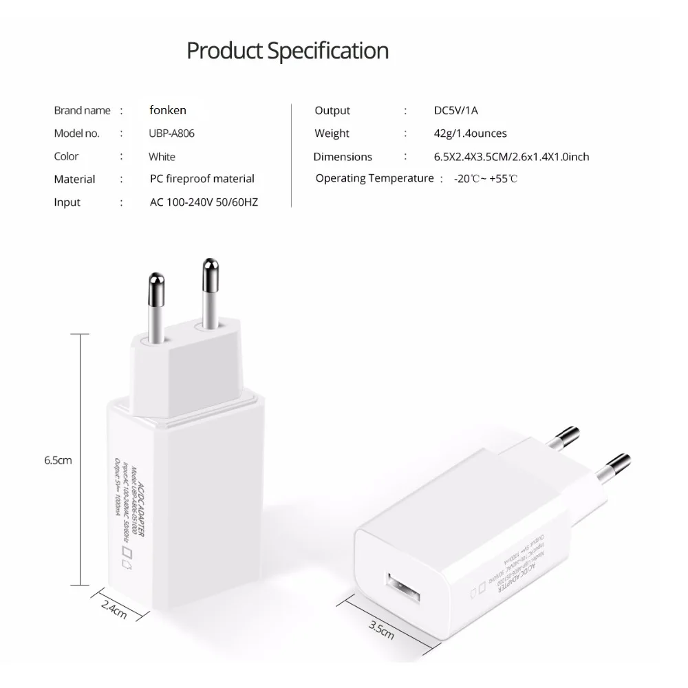 FONKEN 5V 1A USB зарядное устройство Универсальное зарядное устройство для телефона безопасный корпус адаптер питания Портативная зарядка Android мобильное зарядное устройство