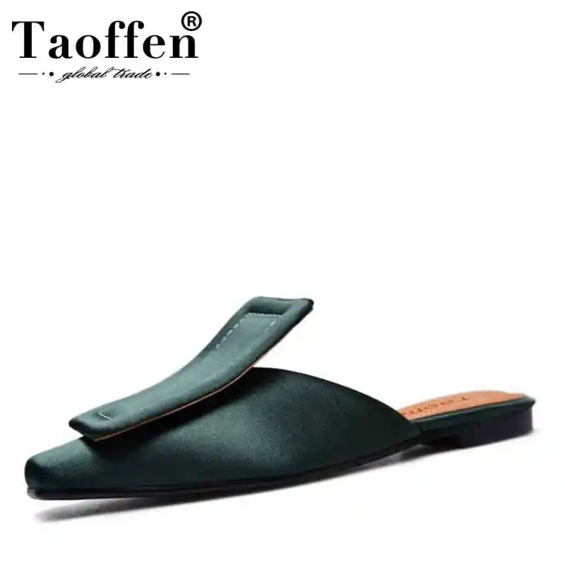 

TAOFFEN 5 Colors Size 34-43 Women Real Genuine Leather Flatsl Sandals Bowtie Square Toe Slippers Summer Fashion Shoes Women