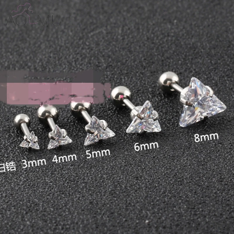AOMU 2 шт треугольник кубический циркон Кристалл уха верхние пробки тоннели пирсинг для уха Tragus губы кольцо хряща серьги шпильки
