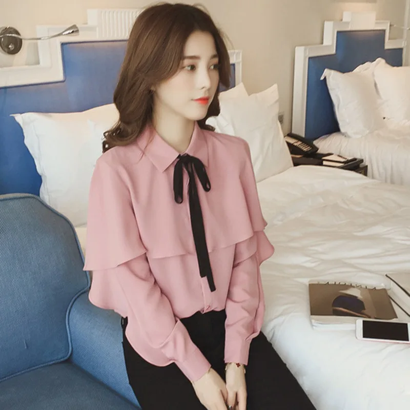 

2019 Korean Style Female Clothing Autumn Women Lantern Sleeve Bow Tie Blouses Shirts Tops Women Fashion Solid Blouse 1X