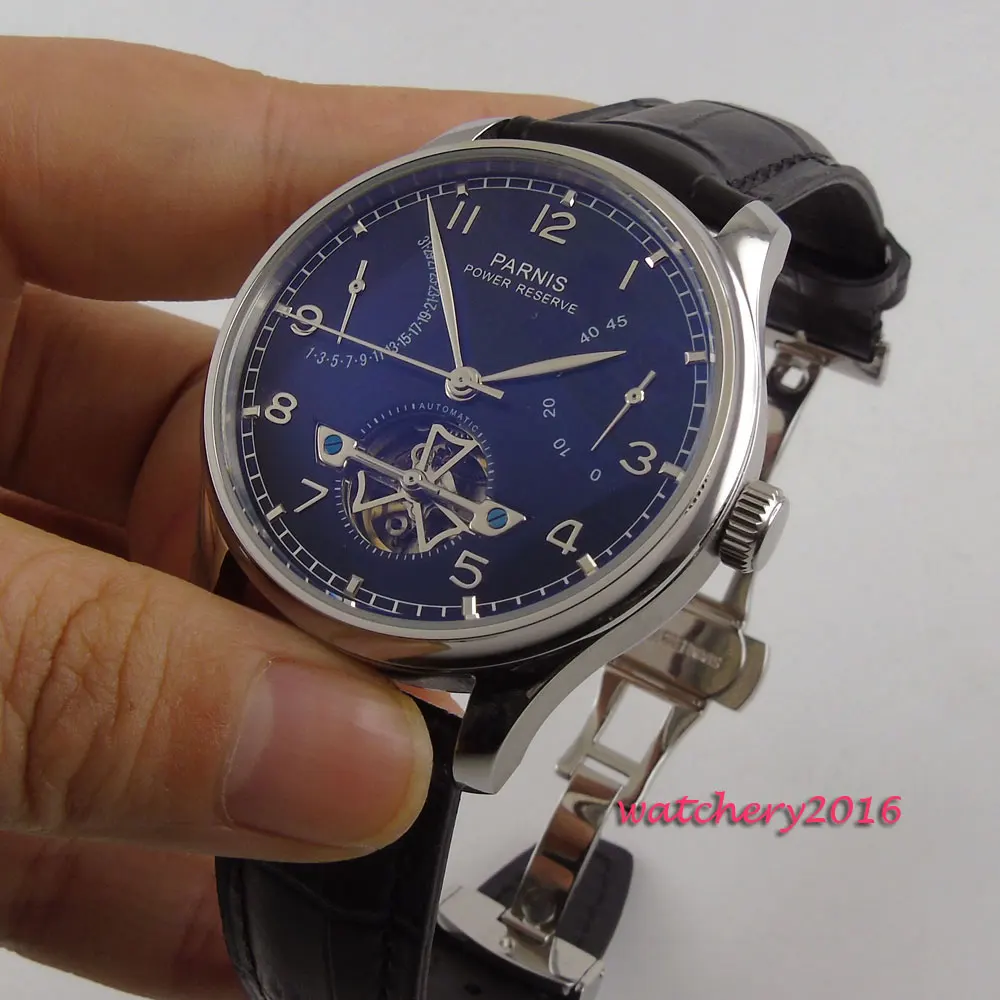 

43mm parnis Black Dial Deployment Buckle Stainless Steel Case Calendar Power reserve Automatic Mechanical men's Wristwatches