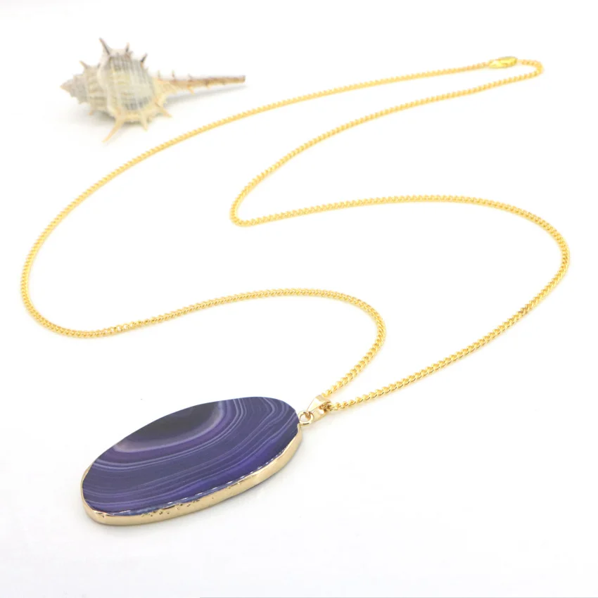 Natural Purple Agate Pendant gold plated necklace (10)