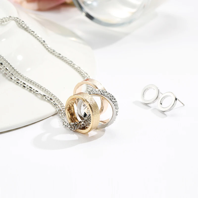 

Hot Long Chains Necklace Crystal 3 Circles Pendant Necklace & Earrings Sets Gold Silver Color Women Jewelry set Dropshipping