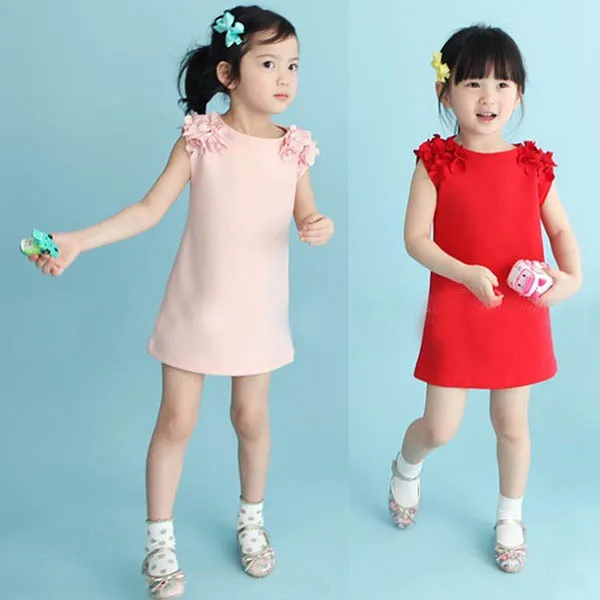 

UNIKIDS Hot Summer Baby Kids 1 Year Girls Flower Sleeveless Princess Mini Dress Party Dresses Clothes Red Pink Solid Vestido