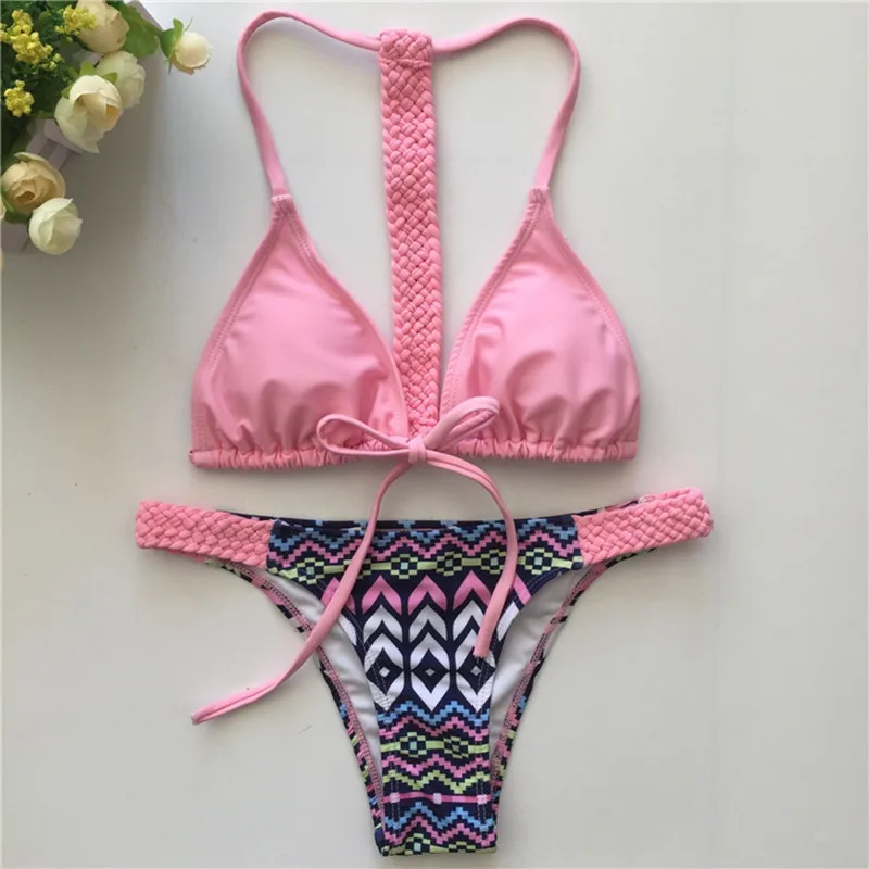 

Women Bikinis Set 2018 Crochet Swimwear Low Waist Geometric Retro Bathing Suit Sexy Thong Bottoms Swimsuit maillot de bain femme