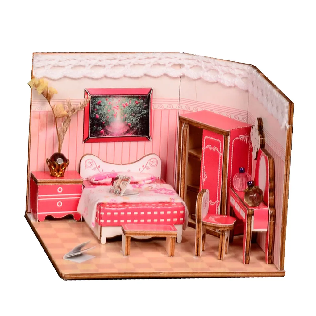 1/24 DIY Dollhouse Miniature Kits Wooden Dolls Houses With Full Furniture - Pink Sweet Princess Bedroom Model House