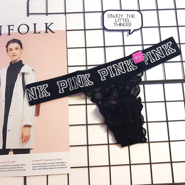 

PINK letter black lace transparent sexy crotch lady in the triangle low-waist interest lady thong T underwear