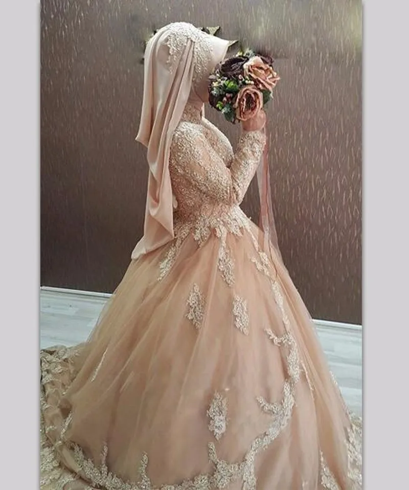 Muslim Long Sleeve Evening Dresses Appliques Beaded Sequined High Neck font b Hijab b font Sweep