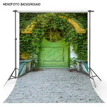 

Vintage Green Leaves Vinyl Backdrops White Brick Floor with Wooden Door Backdrops 10 Custom Wedding Backgrounds for Photo Studio