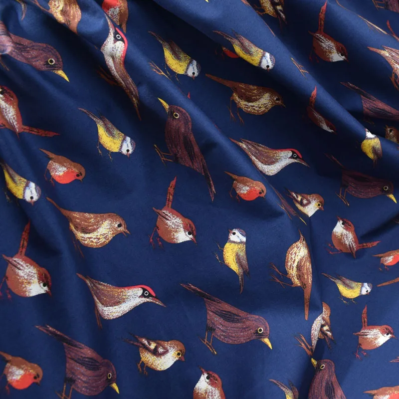 Ткань хлопчатобумажная стрейчевая для платья с принтом птиц|stretch poplin fabric|fabric for