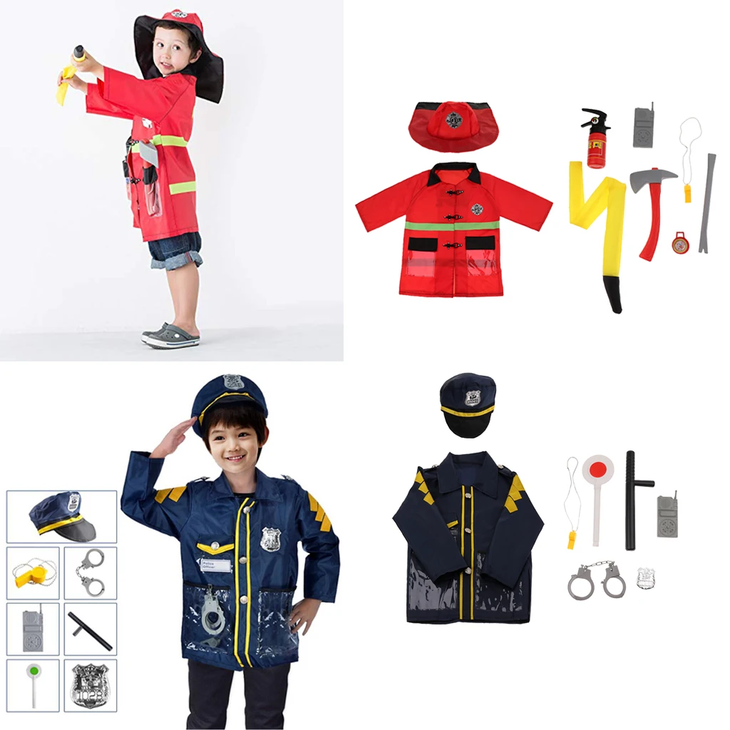 2 Sets Children Fire Chief & Police Man Role Play Costume Halloween Cosplay Set Polyester fabric waterproof materials 