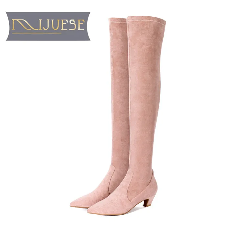 

MLJUESE 2019 women over the knee boots Korea stretch fabric winter pink color pointed toe spike heel high boots female boots