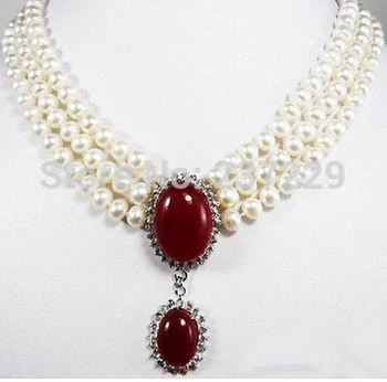 

3 Rows White Pearl Red 18KWGP Crystal Pendant Necklace>Lovely Women's Wedding Jewelry Pretty CZ Crystal stone gems