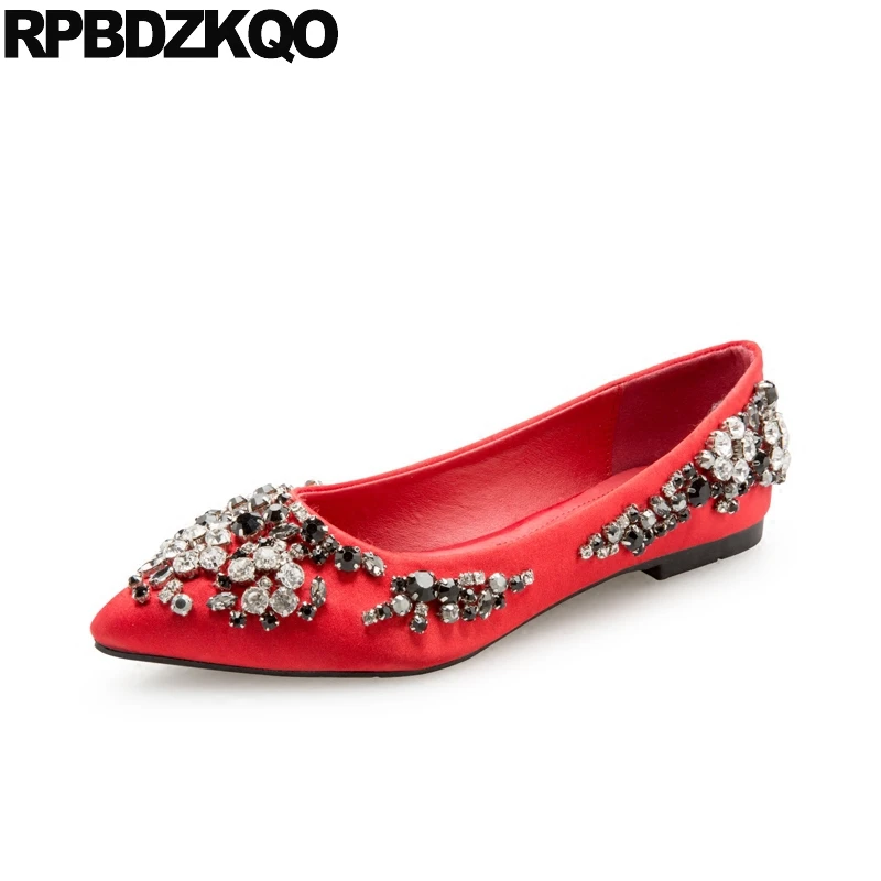

Crystal Diamond Red Wedding Suede China Chinese Pointed Toe Rhinestone Bling Flats Ladies Women Slip On Shoes Beautiful Drop