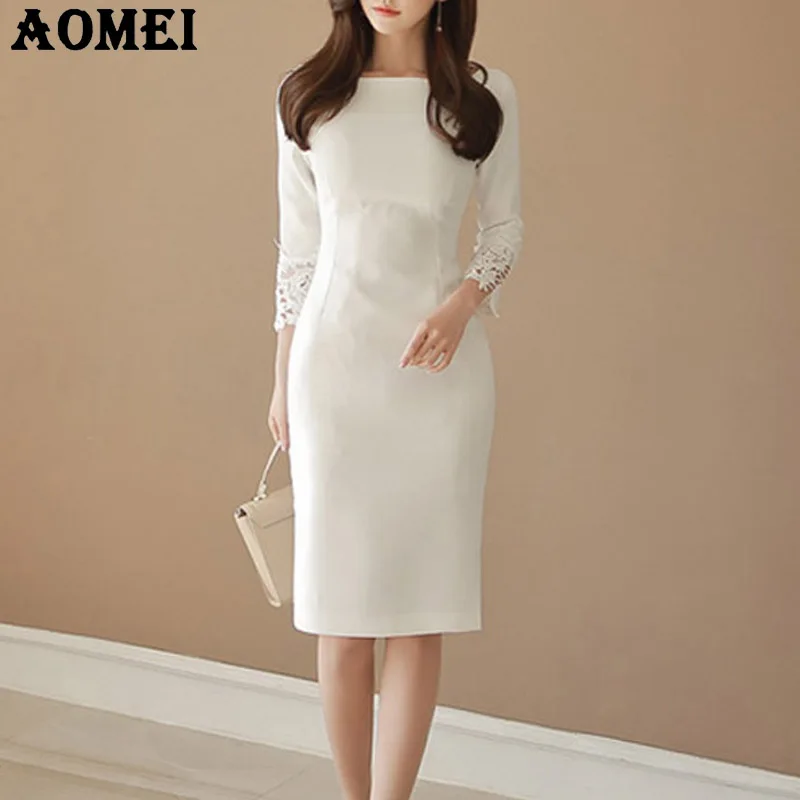 

Women White Dresses Slim Modest Workwear Lace Patchwork Office Lady Round Neck Elegant Female Dress Fall Autumn Robe Clothing