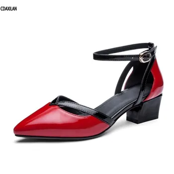 

CDAXILAN new arrivals sandals women patent leather middle heels pointed toe square heel buckle strap fashion ladies summer shoes