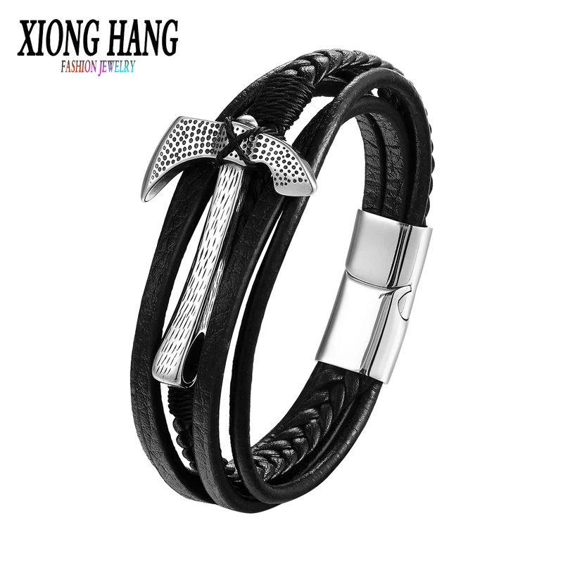 

XiongHang 2017 Hot Sale An Axe Stainless Steel Chain Multilayer Genuine Leather Bracelet Men Vintage Male Braid Ax Jewelry