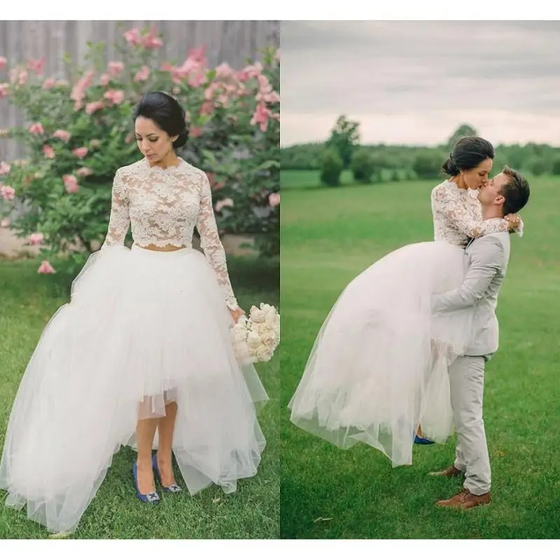 Страна Высокие Низкие Свадебные платья 2019 Vestido De Novia два кружева с длинным рукавом свадебные платья на заказ из Свадебное платье