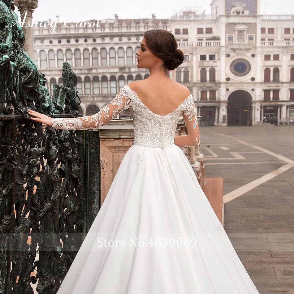 Ashley Carol сексуальное платье с v-образным вырезом и длинным рукавом простой сатин свадебное платье элегантное платье с открытыми плечами со шлейфом для невесты французский платье
