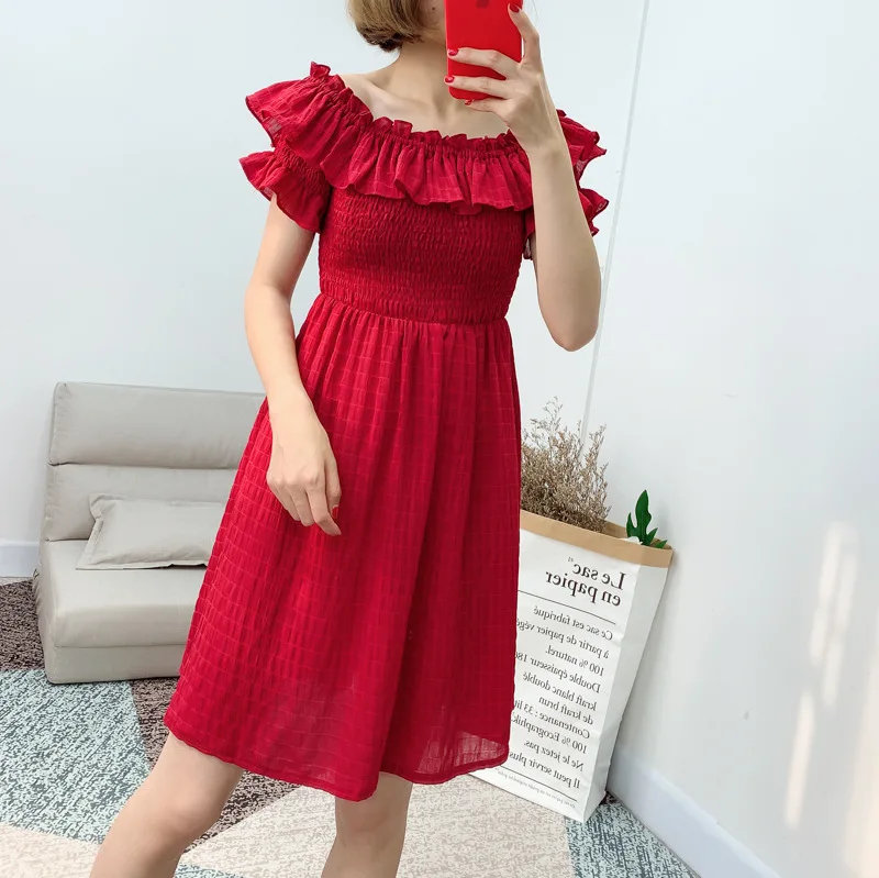 

2019 Summer New Arrival Korean Style Sweet Elastic Stretchable Slash Neck Women Dress Chiffon Ruffles Mini Dress Free Shipping