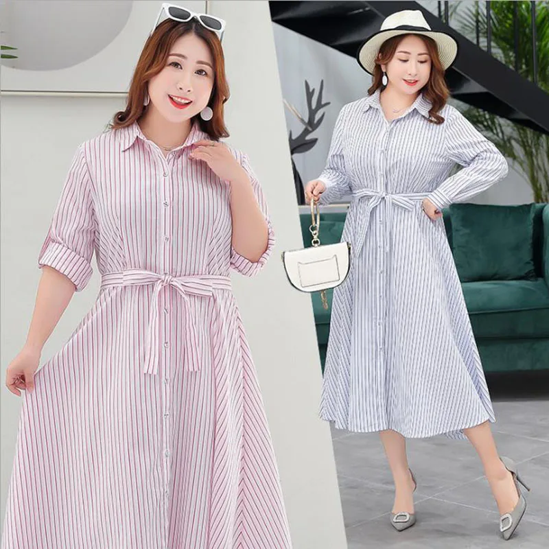 

Vestidos Largos De Verano Casual Work Dress Vestidos Plus Size Striped Office Lady 4XL Shirt Dress Pink Dress Elegant Big Size