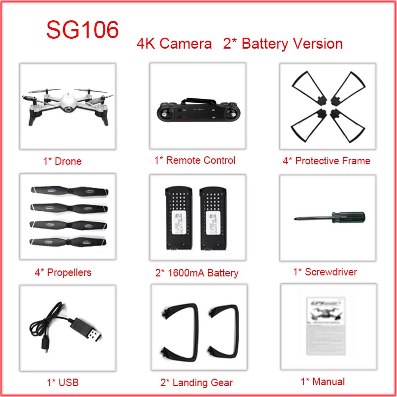 SG106 Drone 4 k с WI-FI FPV двойной Камера Широкий формат долго летать дроны Камера HD 720 P 1080 p вертолет Quadcopter игрушки - Цвет: white4k2Battery