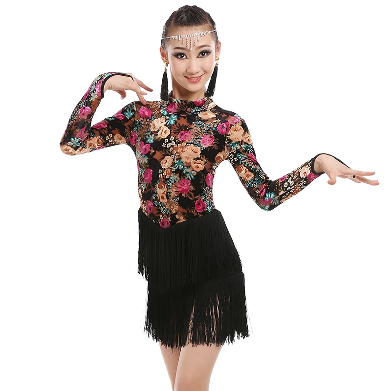 Латинское танцевальное платье с длинным рукавом, бархатная юбка с бахромой и бахромой, платье для девочек с бахромой, одежда для выступлений DNV10604