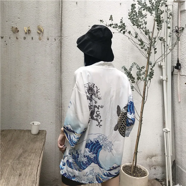 Новинка 2018 Лето Harajuku Ukiyo e окрашенные женские куртки халат красивое кимоно