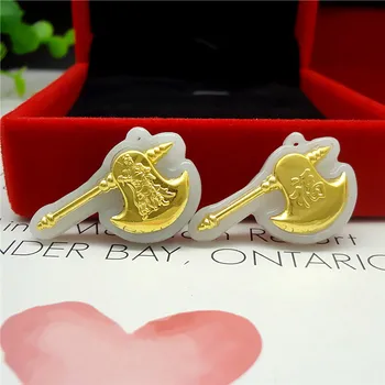 

3D gold inlaid natural jade axe pendant E7#