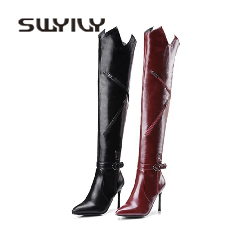 

SWYIVY Knee High Boots Woman Winter Velvet 2018 Thin High Heels Female Motorcycle Boot Pointed Toe Warm Snow Boots Female Boots