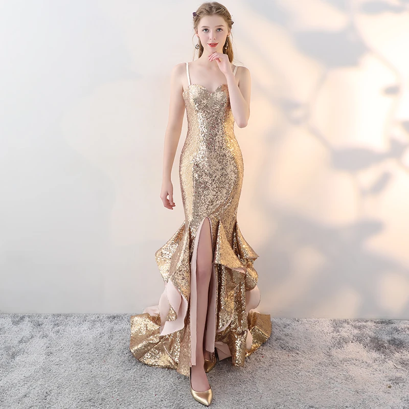 JaneVini vestido dorado largo Gold Bridesmaid Dresses Sexy Mermaid Long Split Women Wedding Party Gowns Sequins Formal Dress