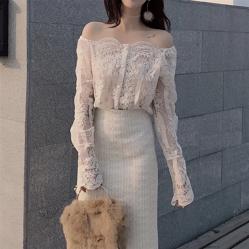 

2018 New Fashion Women Lace Shirts Slash Neck Off Shoulder Long Sleeve Slim Lace Blouse Sexy Summer Top Femme Blusa Chemise