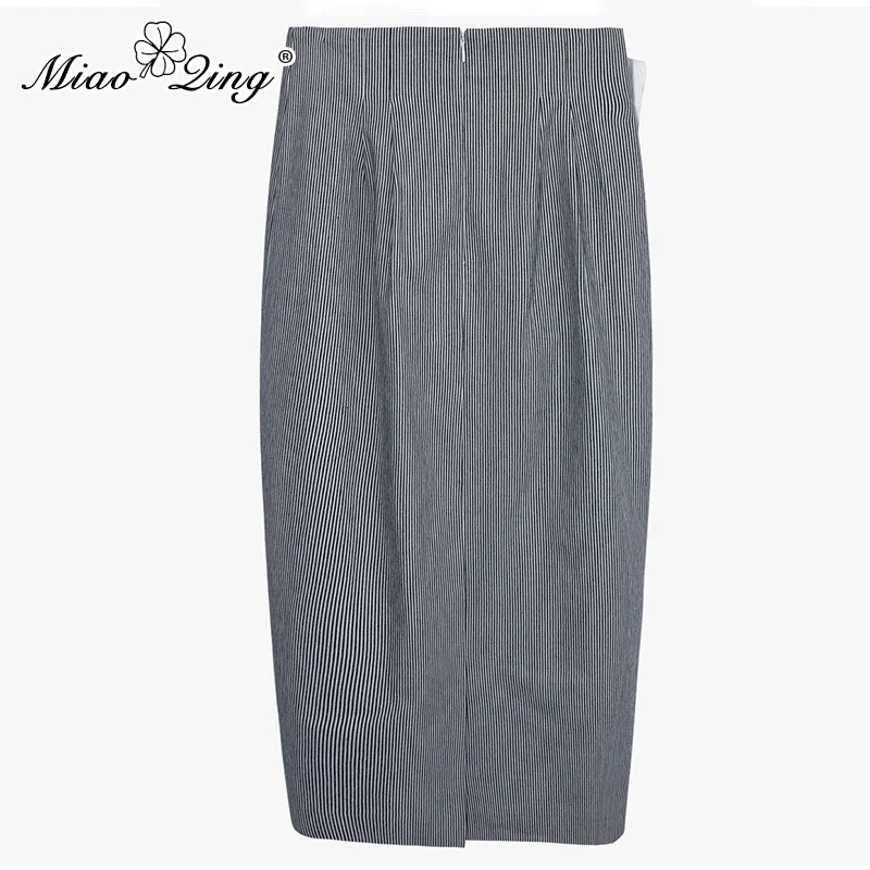 MIAOQING/Осенняя Женская длинная юбка в Корейском стиле, винтажная юбка в полоску с жемчугом и рюшами, юбка с высокой талией и разрезом, Женская юбка с оборками