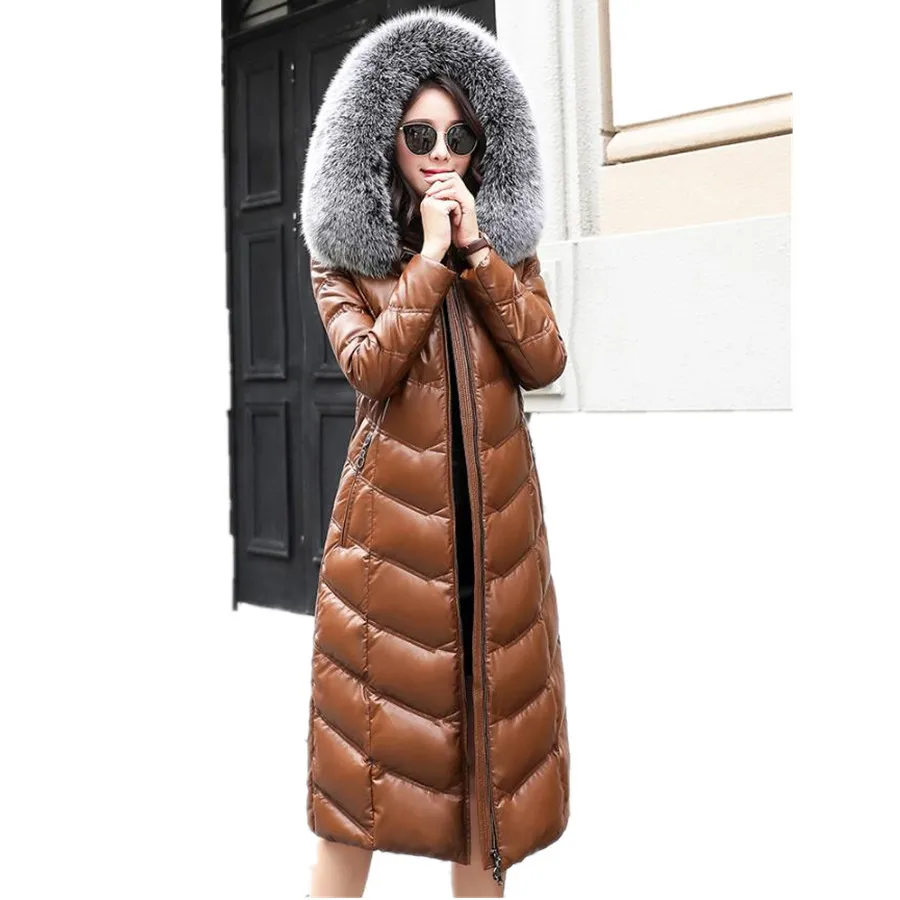 Зимний модный бренд, воротник из лисьего меха, с капюшоном, 90% натуральный утиный пух, пальто для женщин, натуральная кожа, большие размеры, удлиненные толстые пуховики, парки wq764