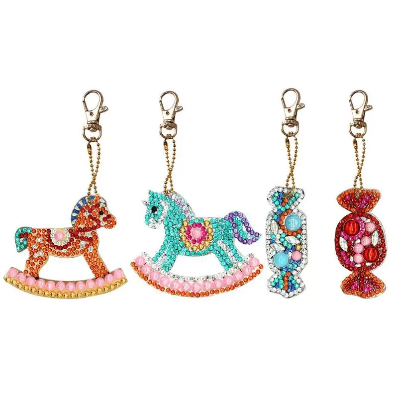 

4pcs DIY Full Drill Special Shaped Diamond Painting Keychains Horse Candy Key Chain Cross Stitch Embroidery Women Bag Pendant