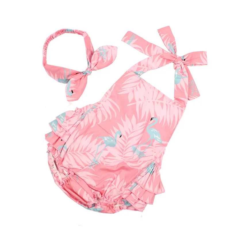Flamingo Print Baby Girls Cotton Rompers and Headband 2pcs Sunsuit Kids Ruffles Jumpsuit Children Summer Beach Clothing (13)