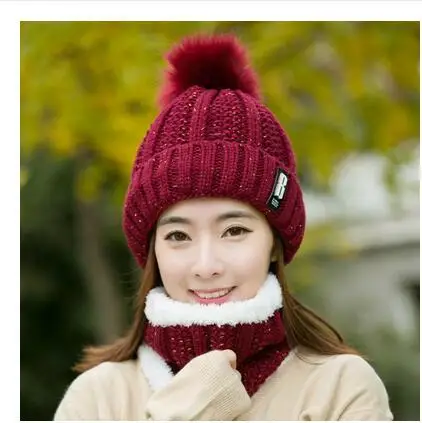 Red wine Hat bib set Теплая вязаная зимняя женская шапка для девочек, шерстяные шапочки Skullies с буквой B, бархатная шапка, шапка-маска, Женская Балаклава, шарф, шапка - Цвет: Red wine Hat bib set