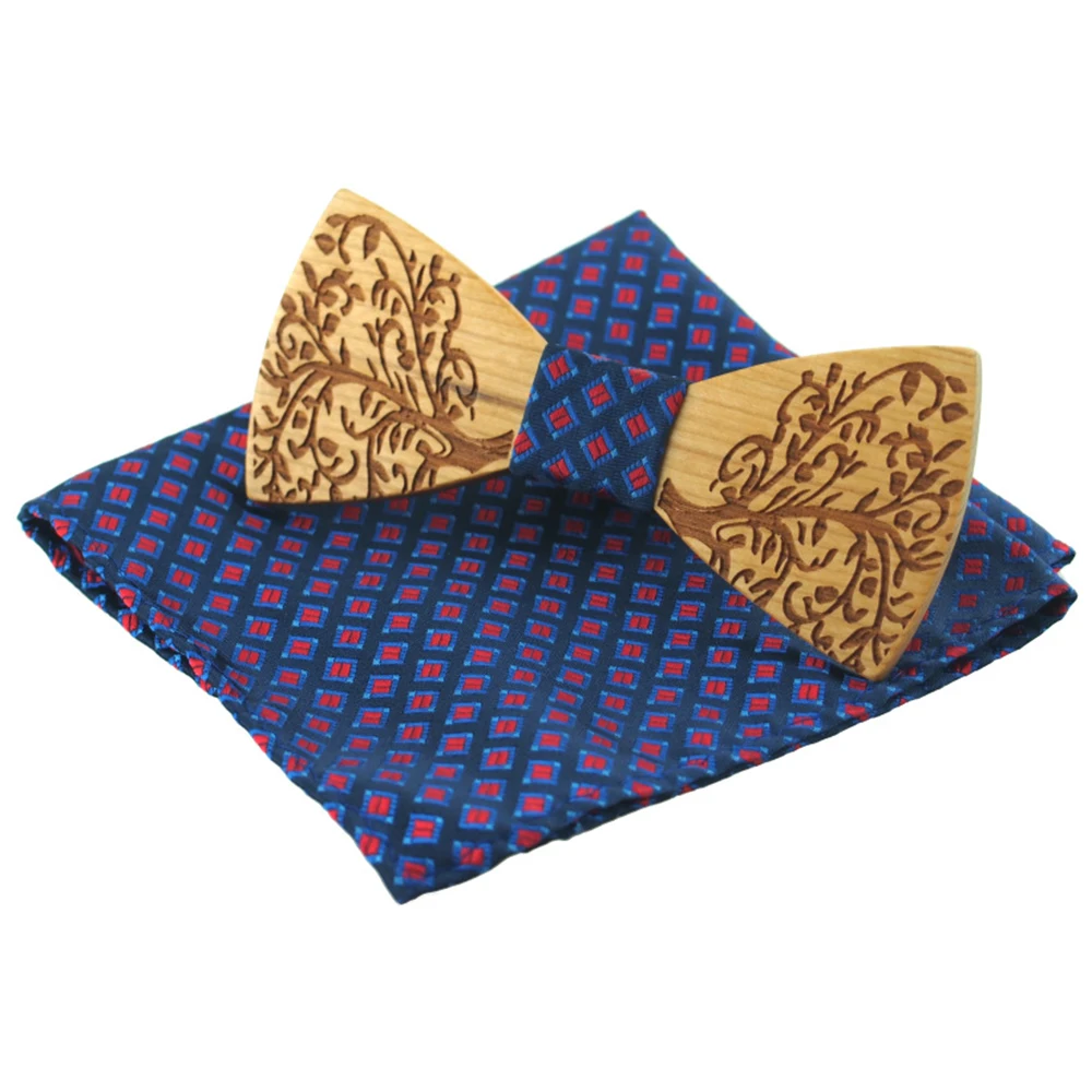  RBOCOTT Fashion Novelty Paisley Wooden Bow Tie And Handkerchief Set Men's Plaid Bow Tie Wood Hollow