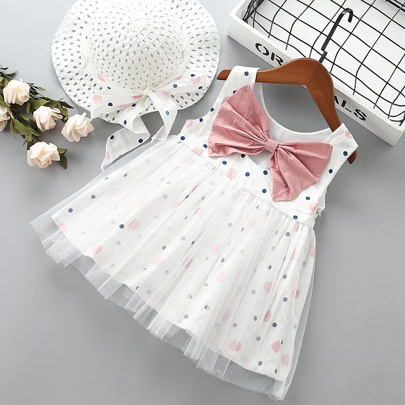 

0-5 years High quality girl dress 2019 new summer fashion bow Dot kid children baby girl clothing party princess dress with hat