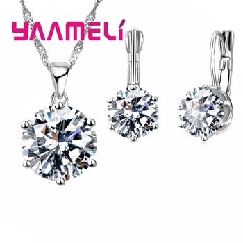 

New Fashion 925 Sterling Silver Jewelry Sets For Women Wedding Collares Crystal Pendants Necklace Charms Hoop Earrings