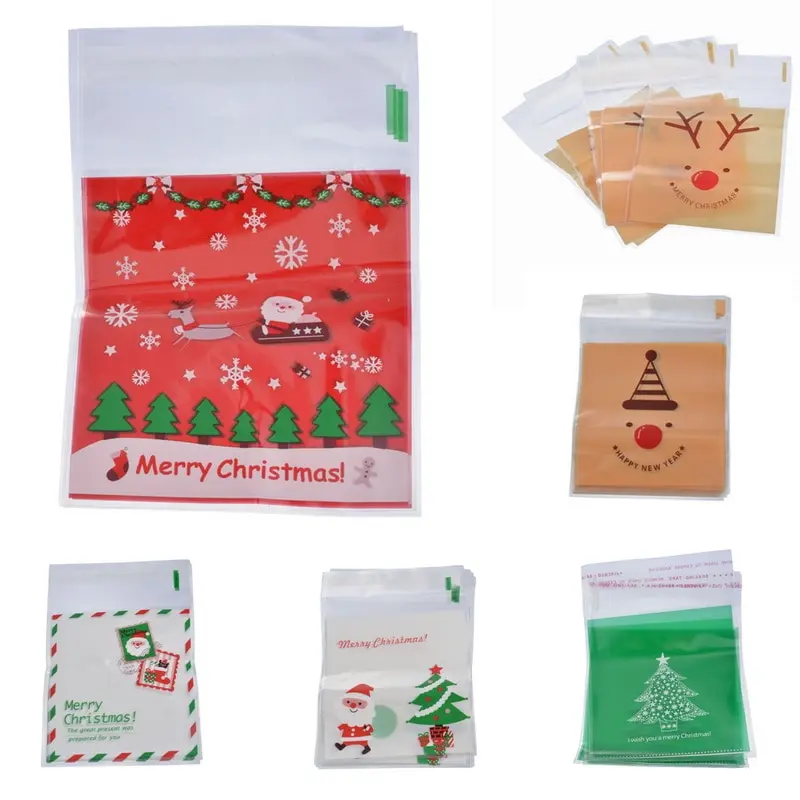 Горячая Распродажа, 50 шт., рождественские Самоуплотняющиеся пакеты, пластиковые пакеты для конфет, печенья, подарочные пакеты, самоклеющиеся герметичные подарочные пакеты на год