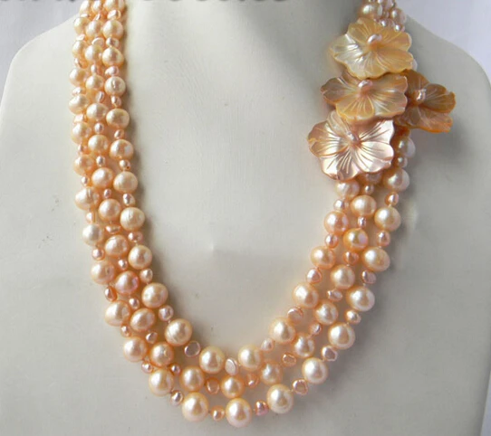

Free shipping@@@@@ A> 3Strands 21'' 10mm Pink Round Freshwater Pearl Shell Flower Necklace a 6.08