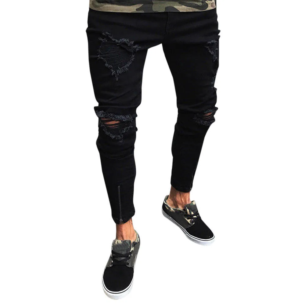 New Casual Men Slim Biker Zipper Denim Jeans Hombre Skinny Frayed Pants Distressed Rip Trousers Jeans Men Stretch Black Modis 10