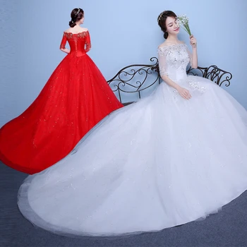 

New Luxury Boat Neck Wedding Dress Half Sleeves Ball Gown 2019 Wedding Dresses video Royal Tail Bridal Dress vestito da sposa