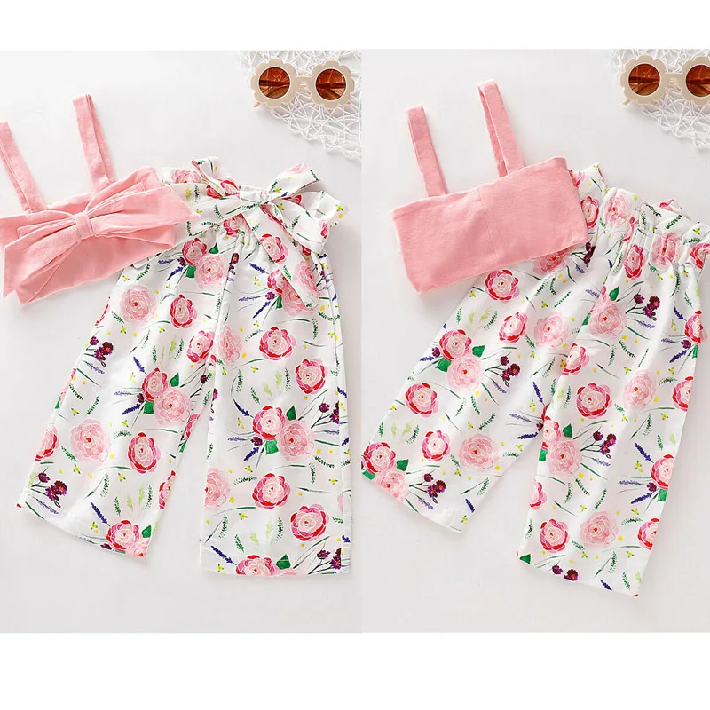 

Kids Girls Sweet Pink Vest Tops+ Printed Wide Leg Pants Trousers Clothes Outfit 2PCS